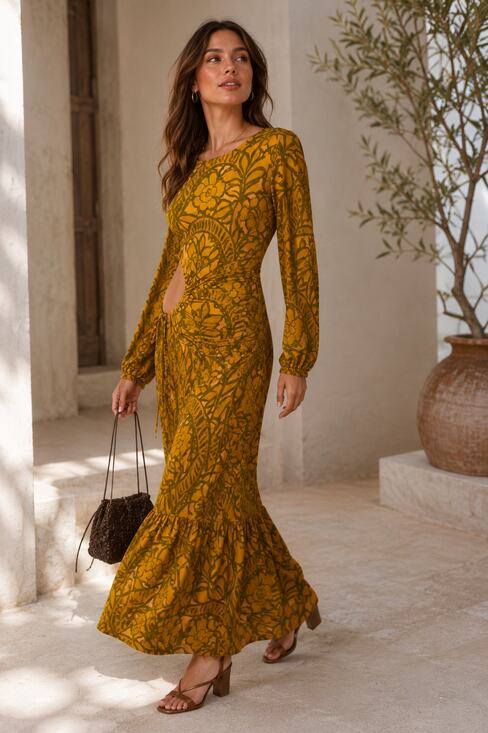 Never Fully Dressed Dresses & Skirts - Never Fully Dressed Cutout Side Tie Maxi Dress Mustard Green Floral Print Size 4